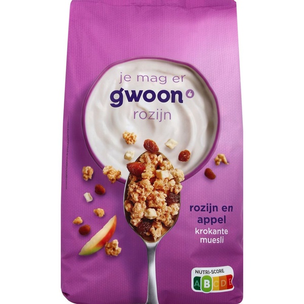 G'WOON krokante muesli appel rozijn 900 GR